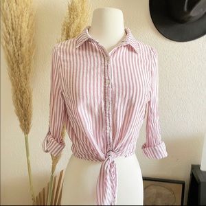 Pink Striped Crop Button Down Top Medium